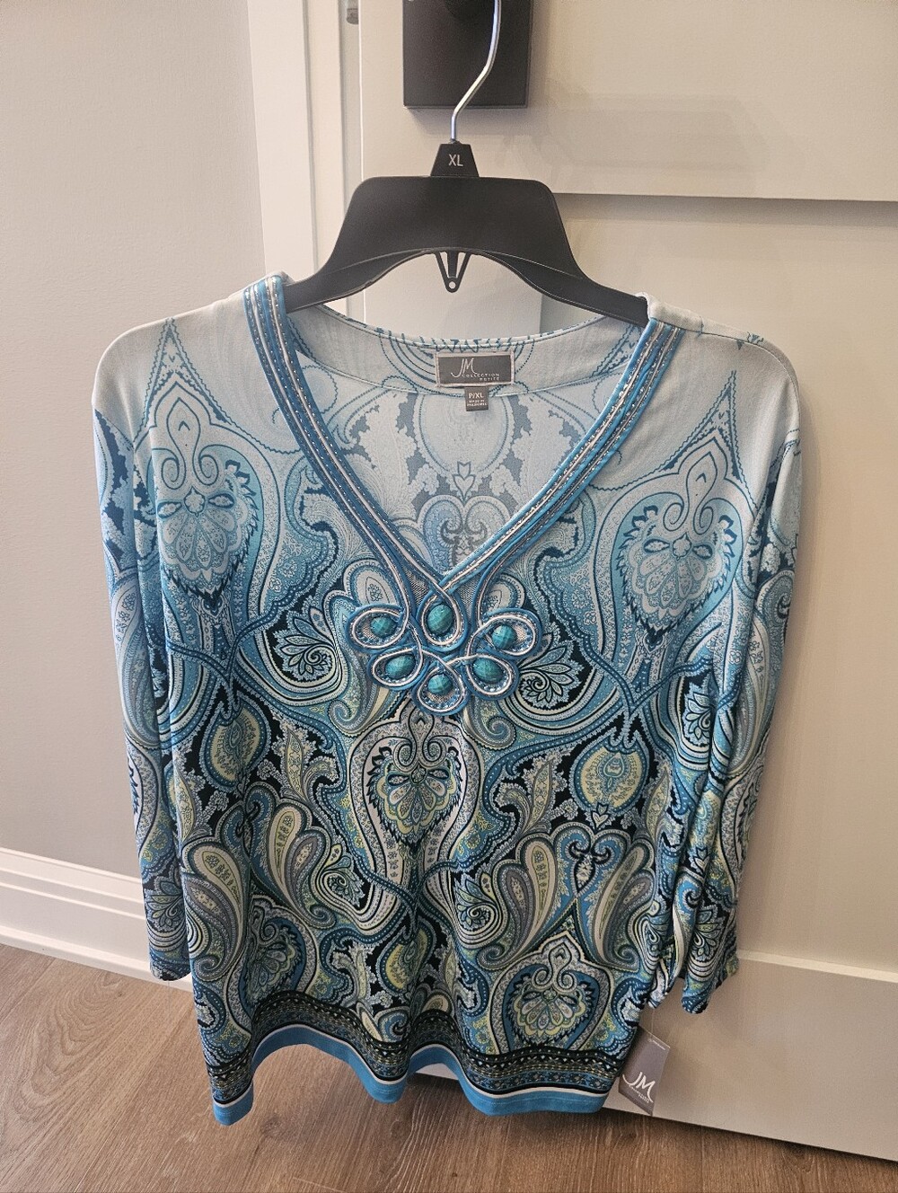 JM Collection Teal and Aqua Paisley V-Neck Tunic with Decorative Ring